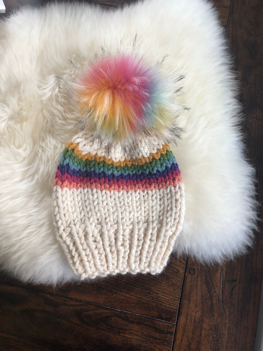 Rainbow Stripe Hat with Faux Fur Pom Pom – Meggles Knits