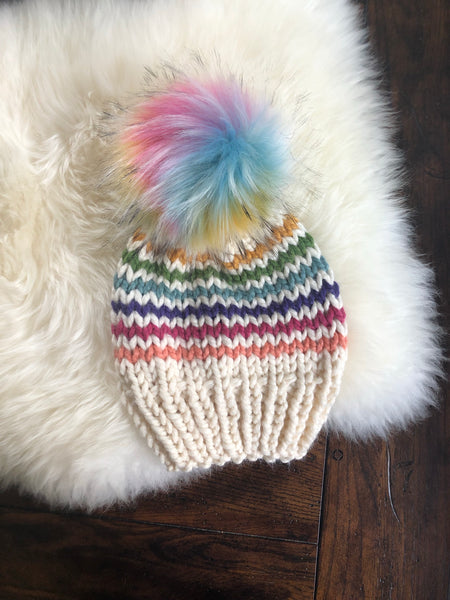 Kids Rainbow Stripe Hat with Faux Fur Pom Pom