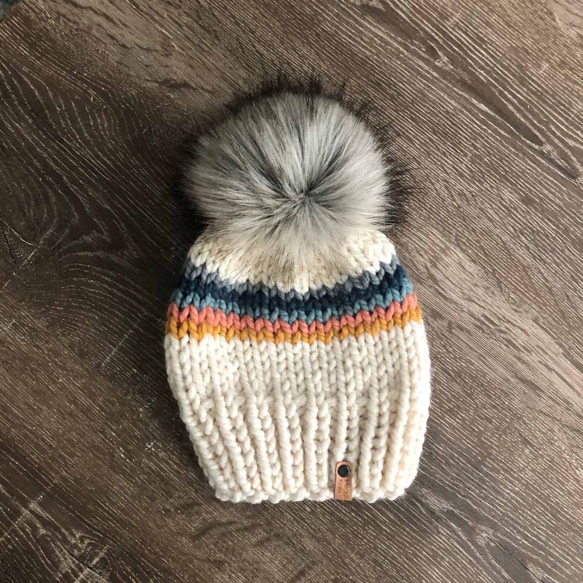 Kids Zoey Stripe Hat with Faux Fur Pom Pom Meggles Knits