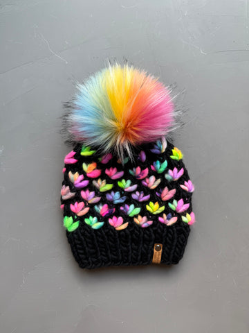 Black and Fruity Pebbles Lotus Flower Beanie