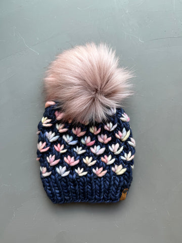 Navy and Rosalinda Lotus Flower Beanie