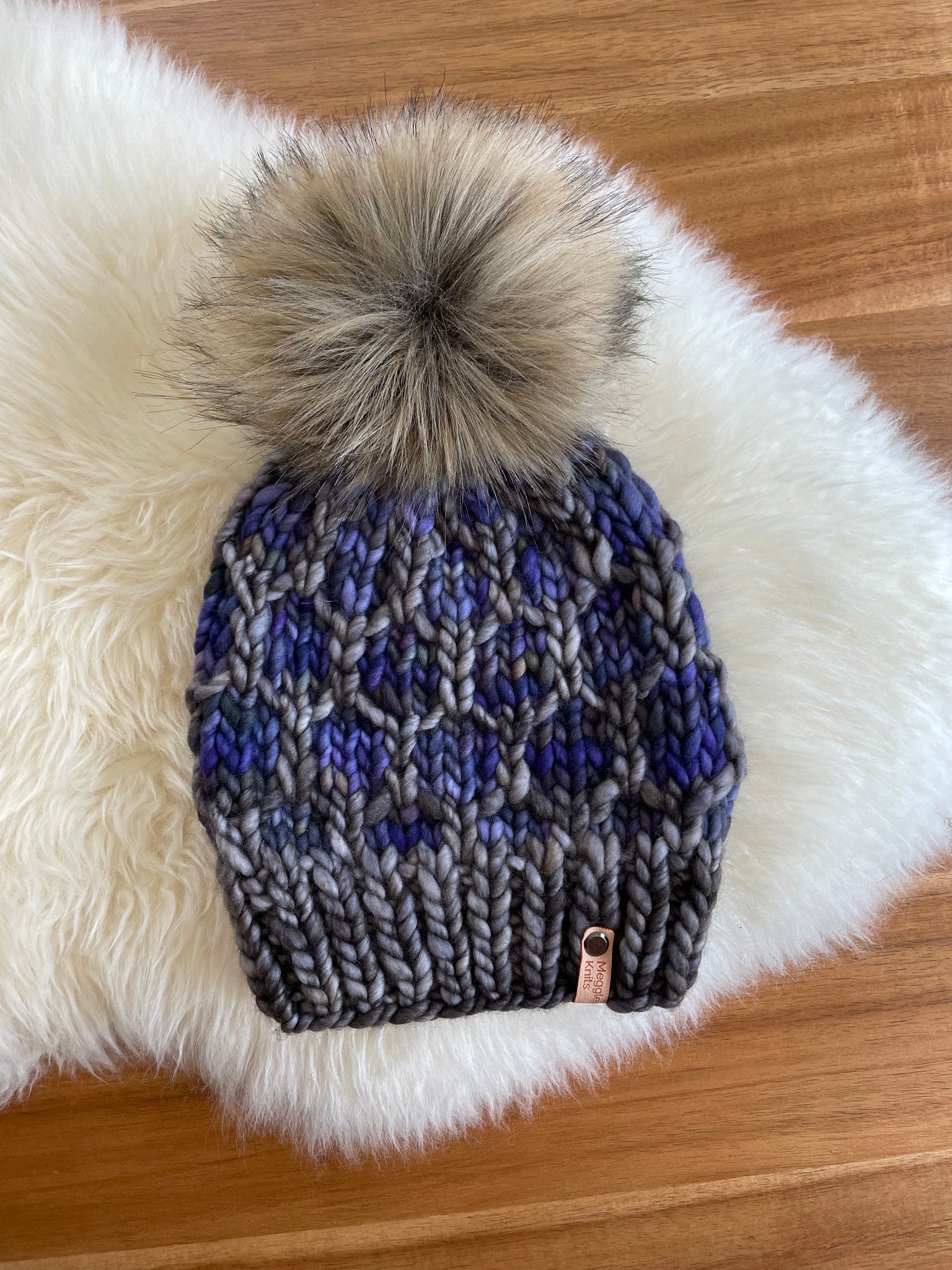 Gray and Blues Looking Glass Hat with Faux Fur Pom Pom