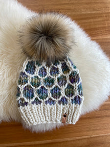 Natural and Blues Looking Glass Hat with Faux Fur Pom Pom