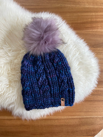 Whales Road Cabled Beanie with Faux Fur Pom Pom