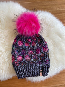 Gray and Pinks Looking Glass Hat with Faux Fur Pom Pom