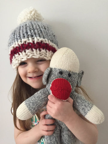 Sock Monkey Winter Hat with Pom Pom