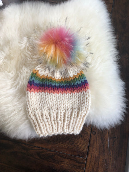 Rainbow Stripe Hat with Faux Fur Pom Pom