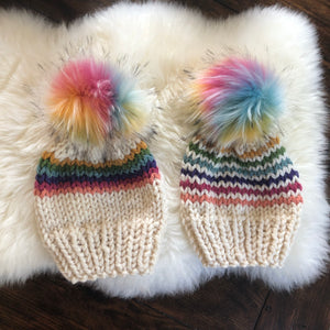 Kids Rainbow Stripe Hat with Faux Fur Pom Pom – Meggles Knits